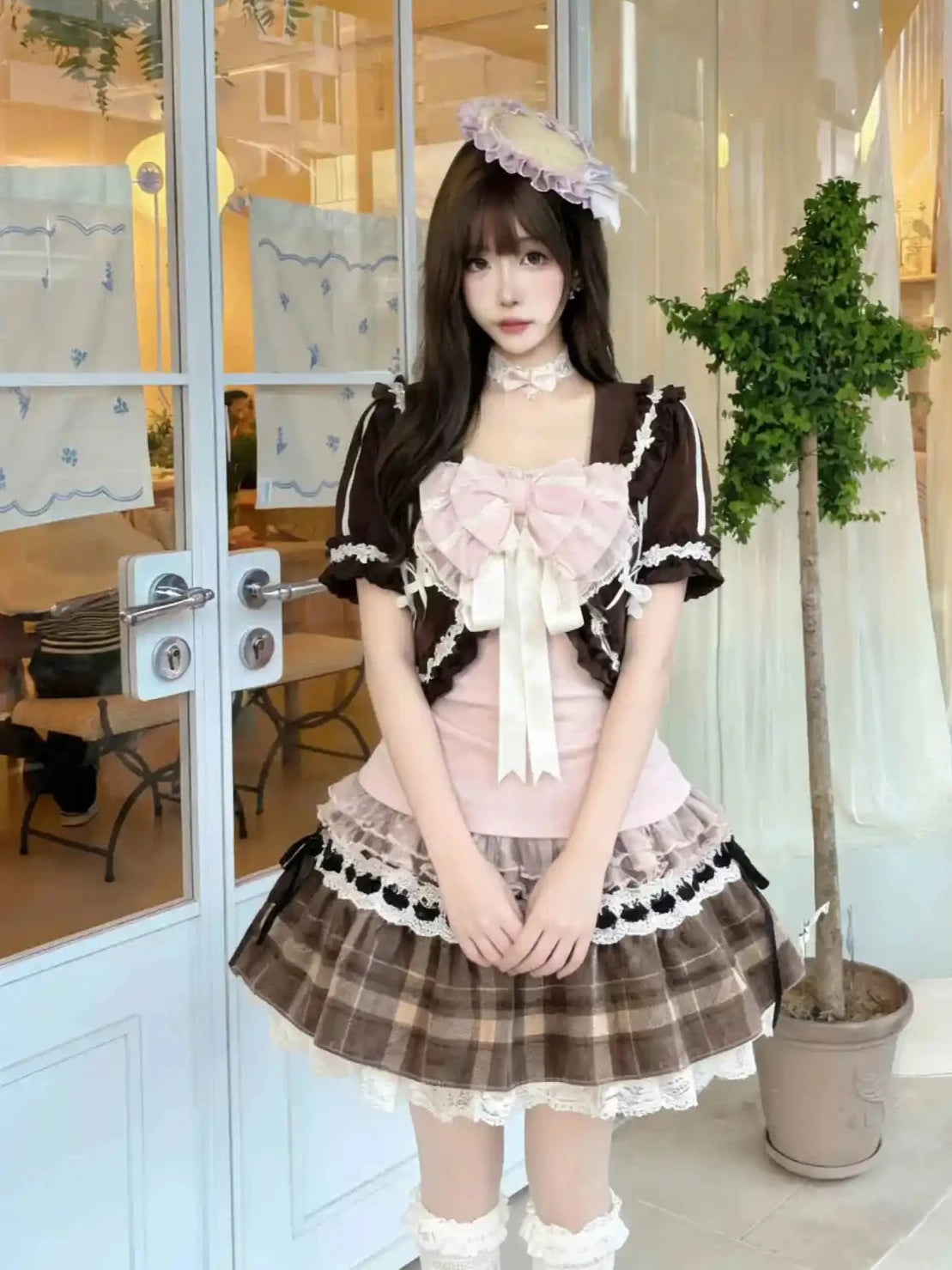 Casual Bow Top + Brown Lace Cardigan + Plaid Ruffle Skirt Set