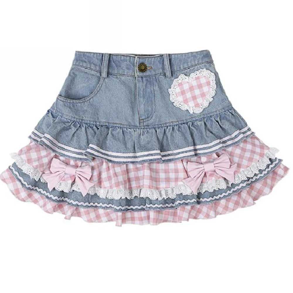 Gingham and Denim Tiered Ruffle Mini Skirt