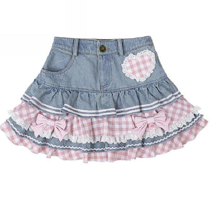 Gingham and Denim Tiered Ruffle Mini Skirt