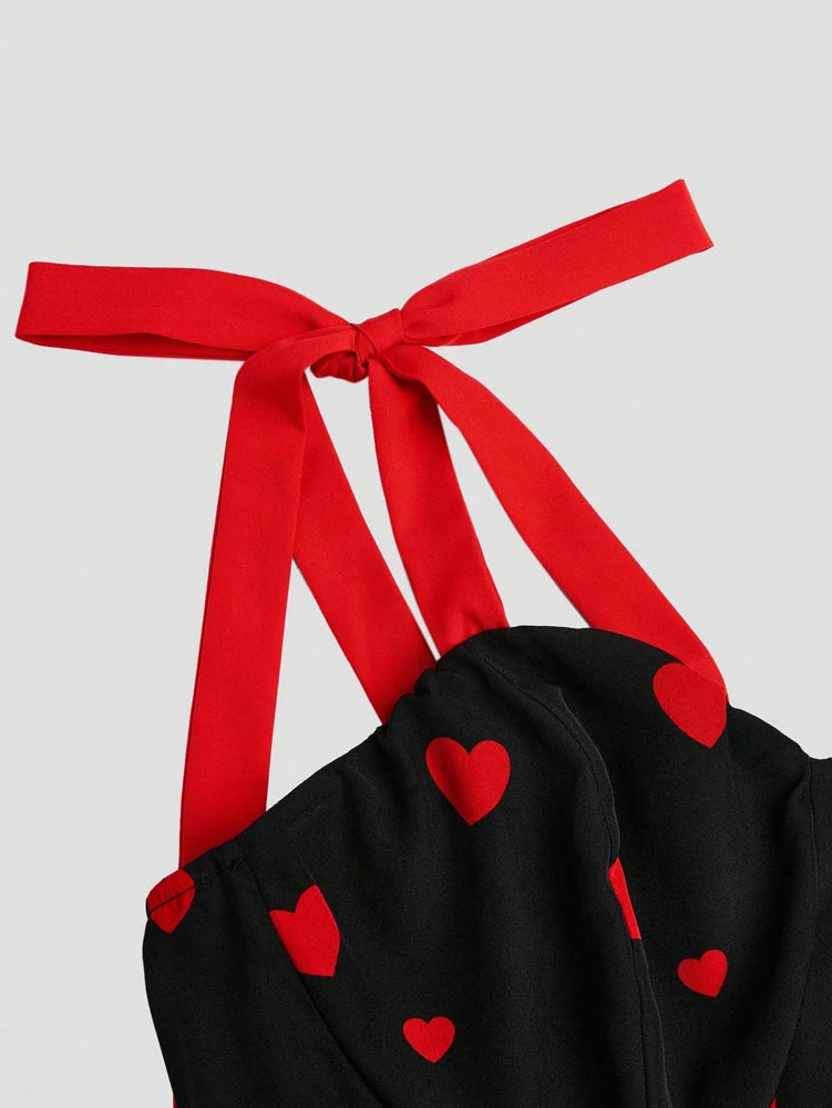 Heart Pattern Tie Knot Shoulder Straps Suspenders Dress
