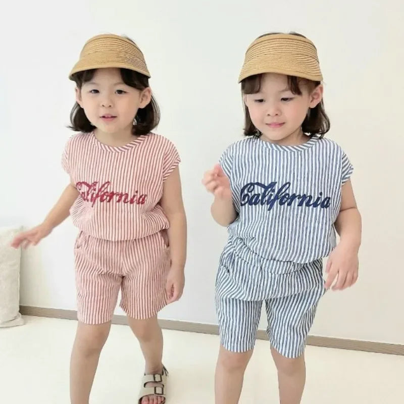 1～6歳 ベビー 男の子 ストライプ サマートラックスーツ 子供 レタープリント ノースリーブ 服セット ベビー 2点セット 韓国 夏 ファッション 服装