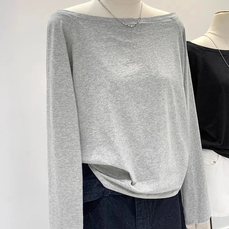 One Shoulder Cotton Slant Shoulder Long Sleeve Top