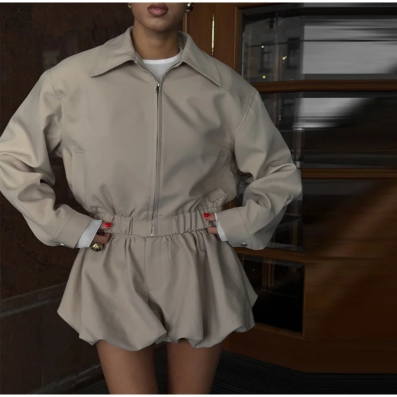 Lapel Long Sleeves Zipper Elastic Band Wide Legs Set
