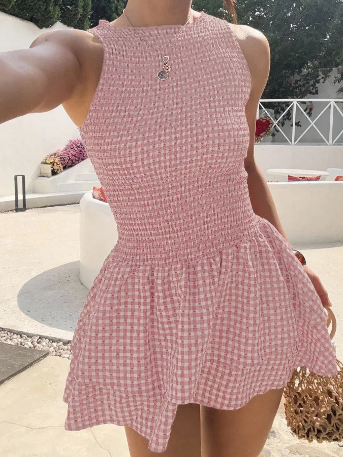 Basic Collar Plaid Sleeveless Puffy Dress
