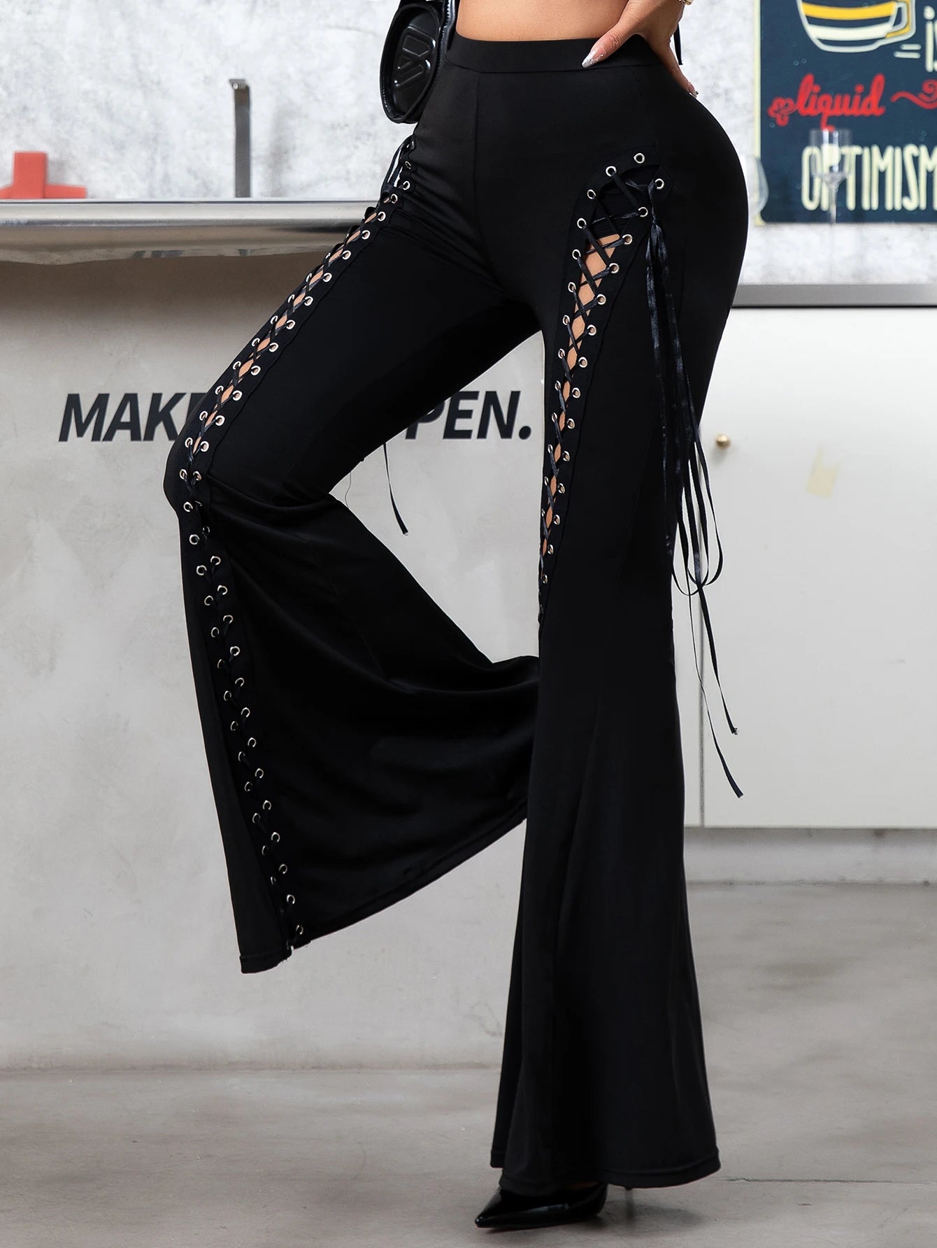 High Waisted Lace-Up Flare Pants