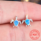 Boho Small Blue Fire Opal Stone Turtle Stud Earrings