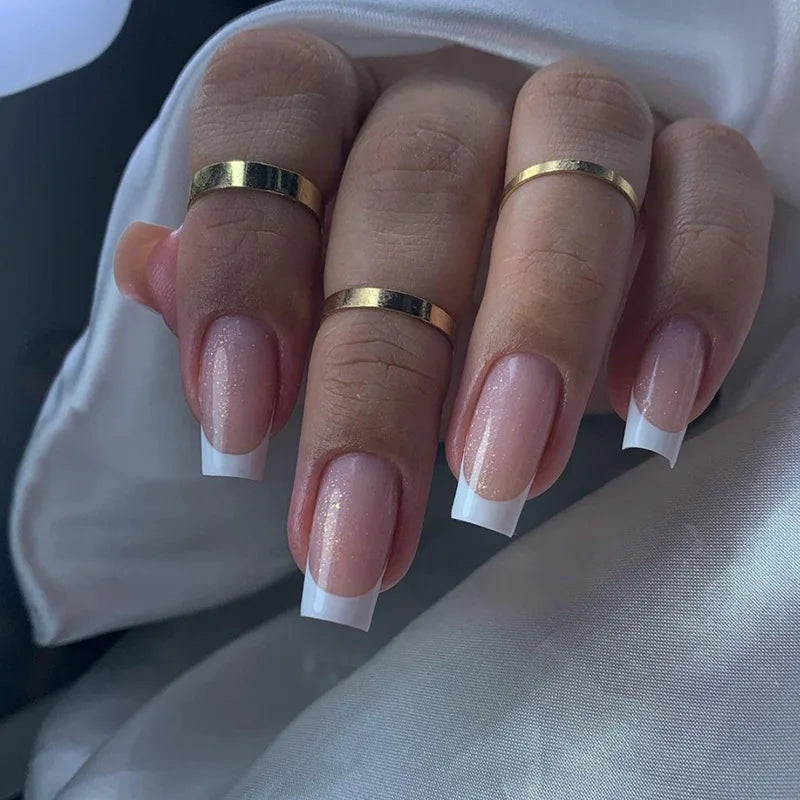 24Pcs French Fake Nails with Jelly Glue Mid-length Gradient White False Nail Wearable Square Head Press on Nails Full Nail Tips