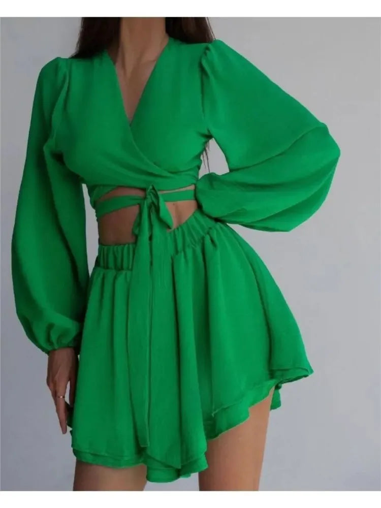 V-neck Waistband Cardigan Top + Casual Comfortable All-match Solid Color Short Set