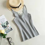 Lace Top V-neck Solid Knit Tank