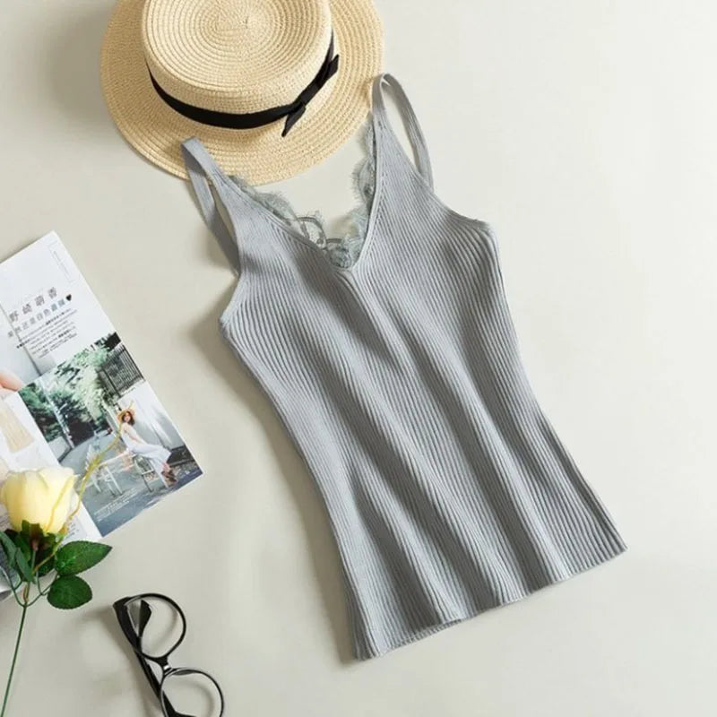 Lace Top V-neck Solid Knit Tank