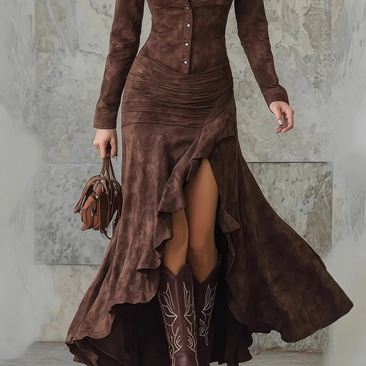 Long Sleeve Suede Dress