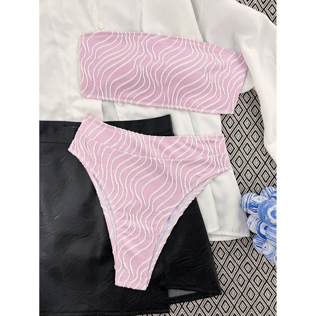 Veinkueeni Wave Striped Bandeau High Waist Bikini