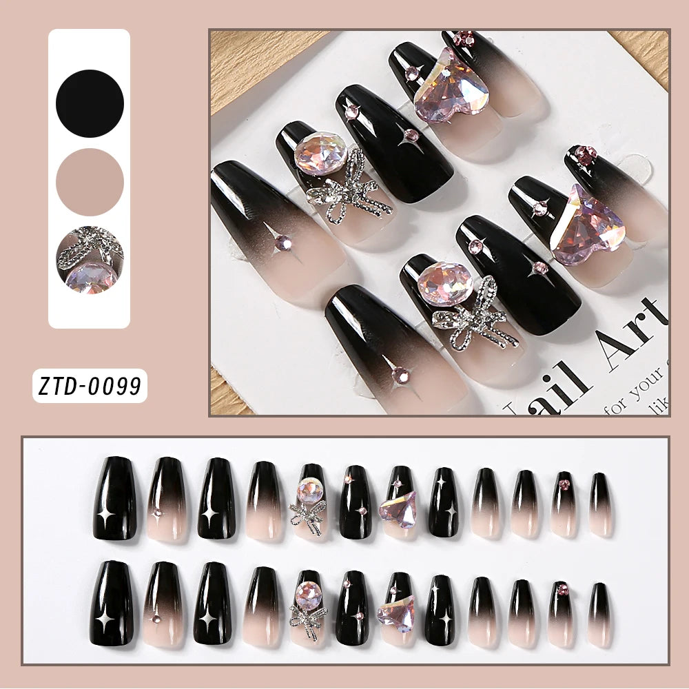 24pcs/box black press on nail tips 3D Heart Bow Rhinestone Y2k Long Ballet Fake Nails Full Cover Wearable Glossy DIY False Nails