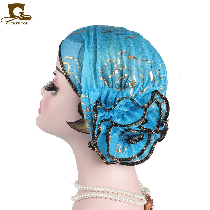 2025 Spring New Large Flower Turbans For Women Beauty Yarn Plate Jacquard Headwrap Lace Hat MuslimTurban Caps Islamic Headwear