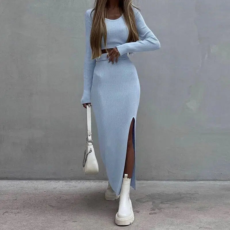 Solid Color Knit Long Sleeve T-Shirt Half Body Side Slit Bodycon Skirt 2-Piece Set