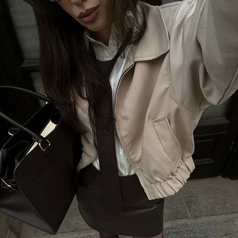 Lapel Long Sleeves Zipper Elastic Band Wide Legs Set
