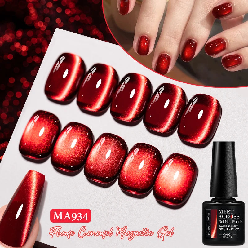 MEET ACROSS 7ml Dark Red Cat Magnetic Gel Nail Polish for Winter Nails DIY Jelly Glass Holographic Cat Eye Gel UV Gel Nail Art