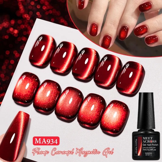 MEET ACROSS 7ml Dark Red Cat Magnetic Gel Nail Polish for Winter Nails DIY Jelly Glass Holographic Cat Eye Gel UV Gel Nail Art