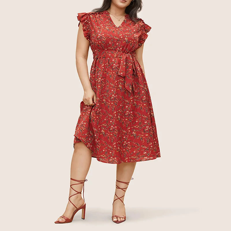 V-Neck Sleeveless Floral Print Dress with Ruffle Pockets