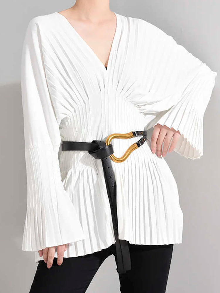 DEAT V-neck Pleated Waist Flare Sleeves Pullover Solid Color Slim Dress