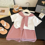 Short-Sleeved Tee With Stripes Shawl + Pants Set