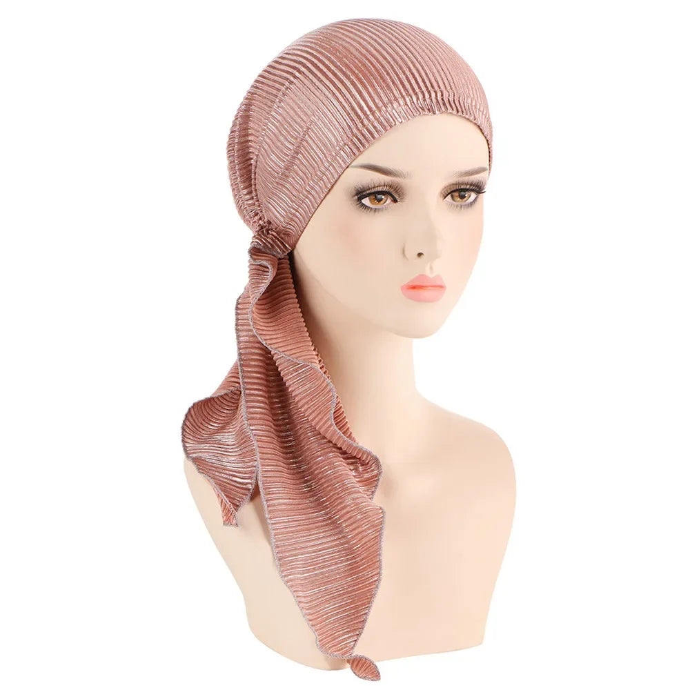 Shiny Glitter Elastic Solid Color Pre-Tied Hijabs Wrap Head Scarf Muslim Turban Bonnet for Women Inner Hat Turbantes Caps Mujer