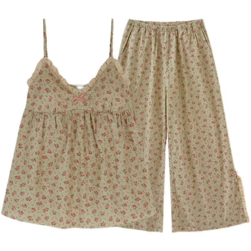 Pajamas Floral Trouser Suits Pajamas Woman Summer Home Wear 2 Pieces Sleep Tops + Pants Long Sleeve Nightie Pijamas Nightgown