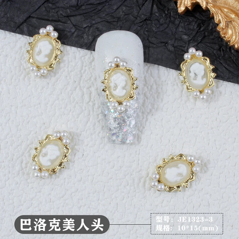 10Pcs Retro Baroque Gril Nail Art Charm 3D Emboss Black White Girl Head Nail Decoration Gold/Silver Metal Edging Nail Jewelry &*