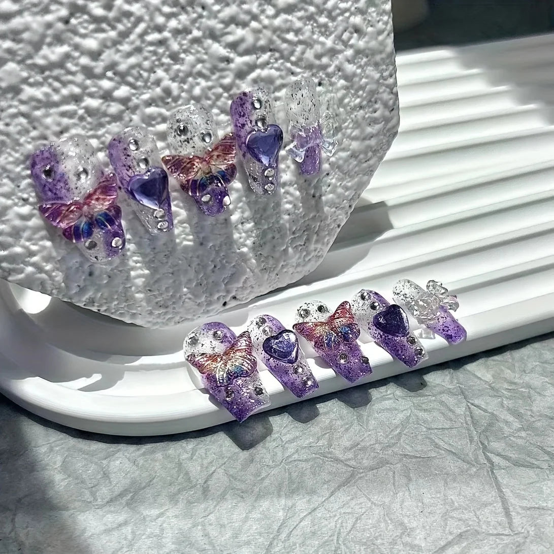 10 Pieces Purple Fantasy Butterfly Fake Nails Heart Diamond Sparkling Nail Art Patch Y2K Spice Girls Handmade Wearable Nails