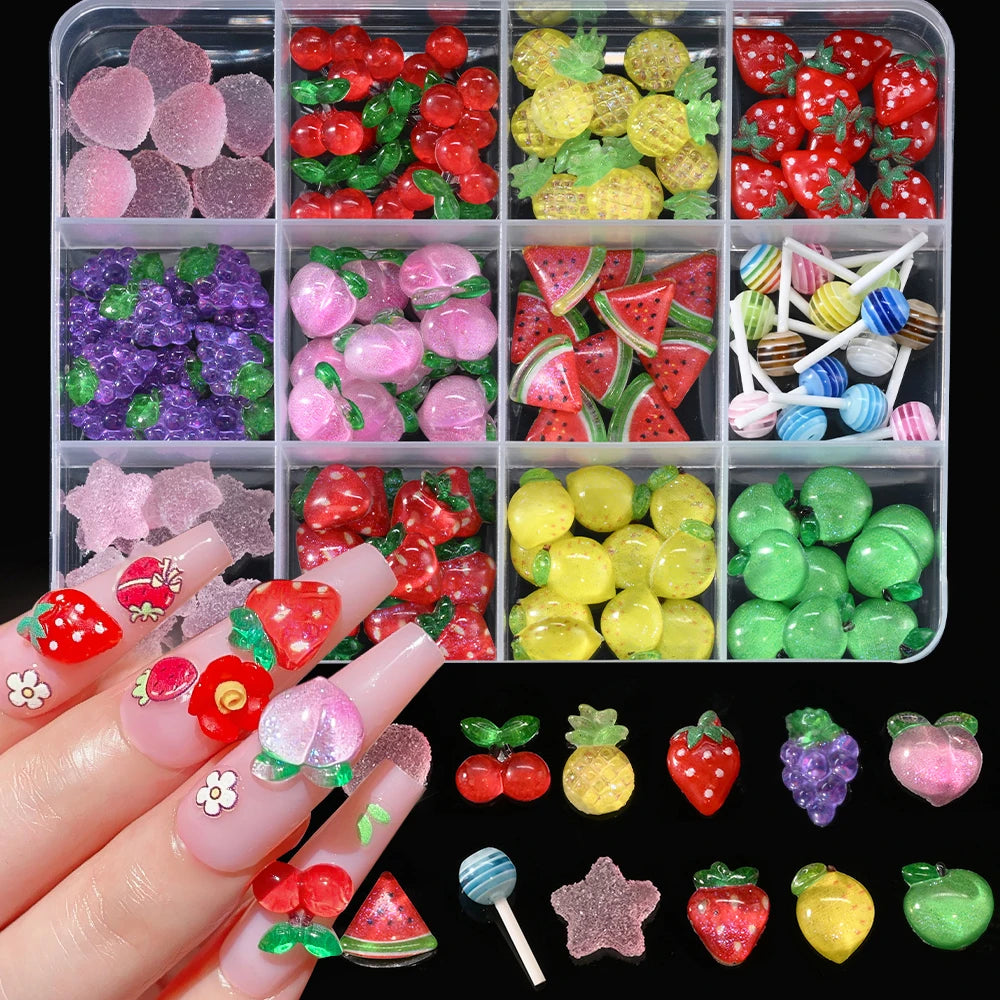 1Box 3D Resin Candy Color Bow Nail Art Charms Cartoon Rabbit /Lollipop/Fruit Nail Art Decorations Kawaii Bowtie Nail Suppies U7#