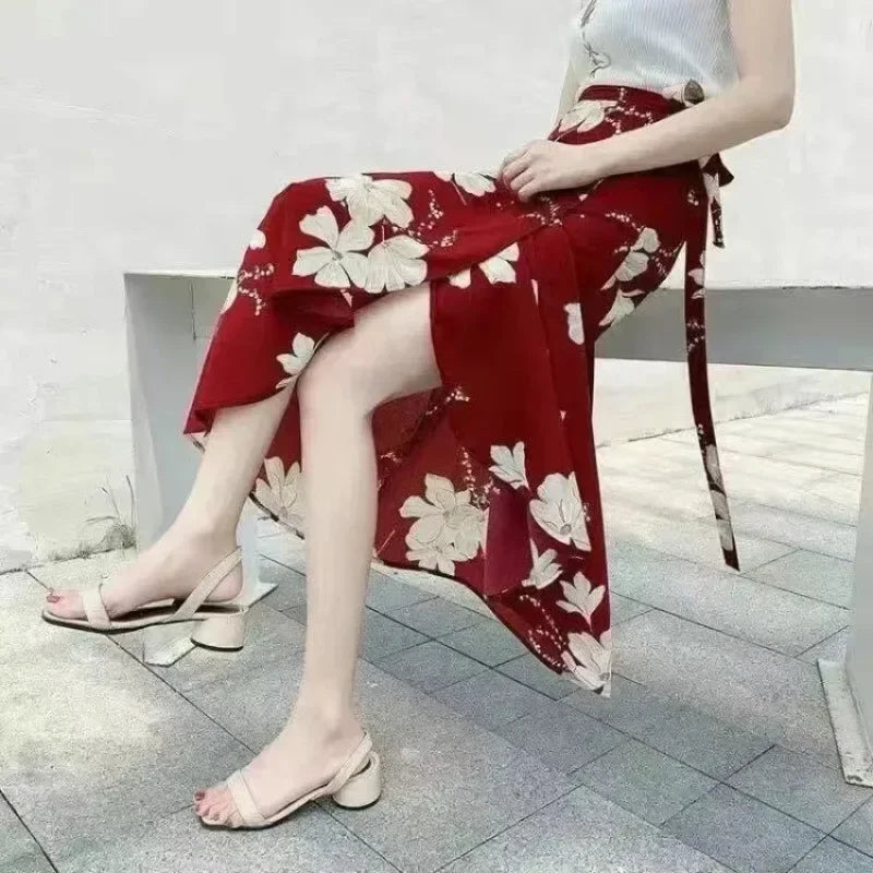 High Waisted Lace-Up Wrap Midi Skirt