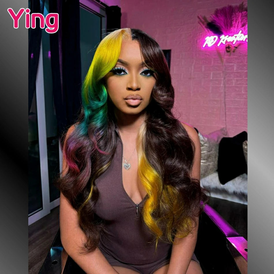 Multicolor Yellow Green Colored Body Wave Lace Front Human Hair Wig