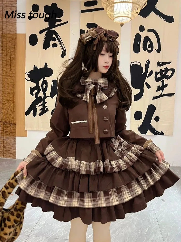 Brown Checkered Bow Coat + Cake Mini Skirt Set