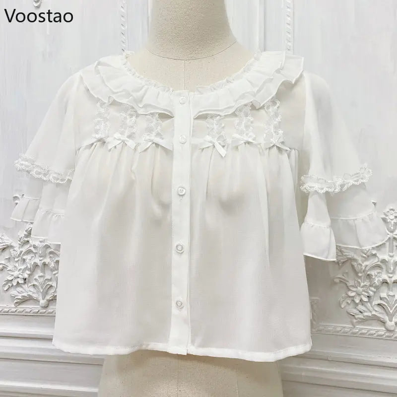 Bow Lace Ruffles O-Neck Short Shirt