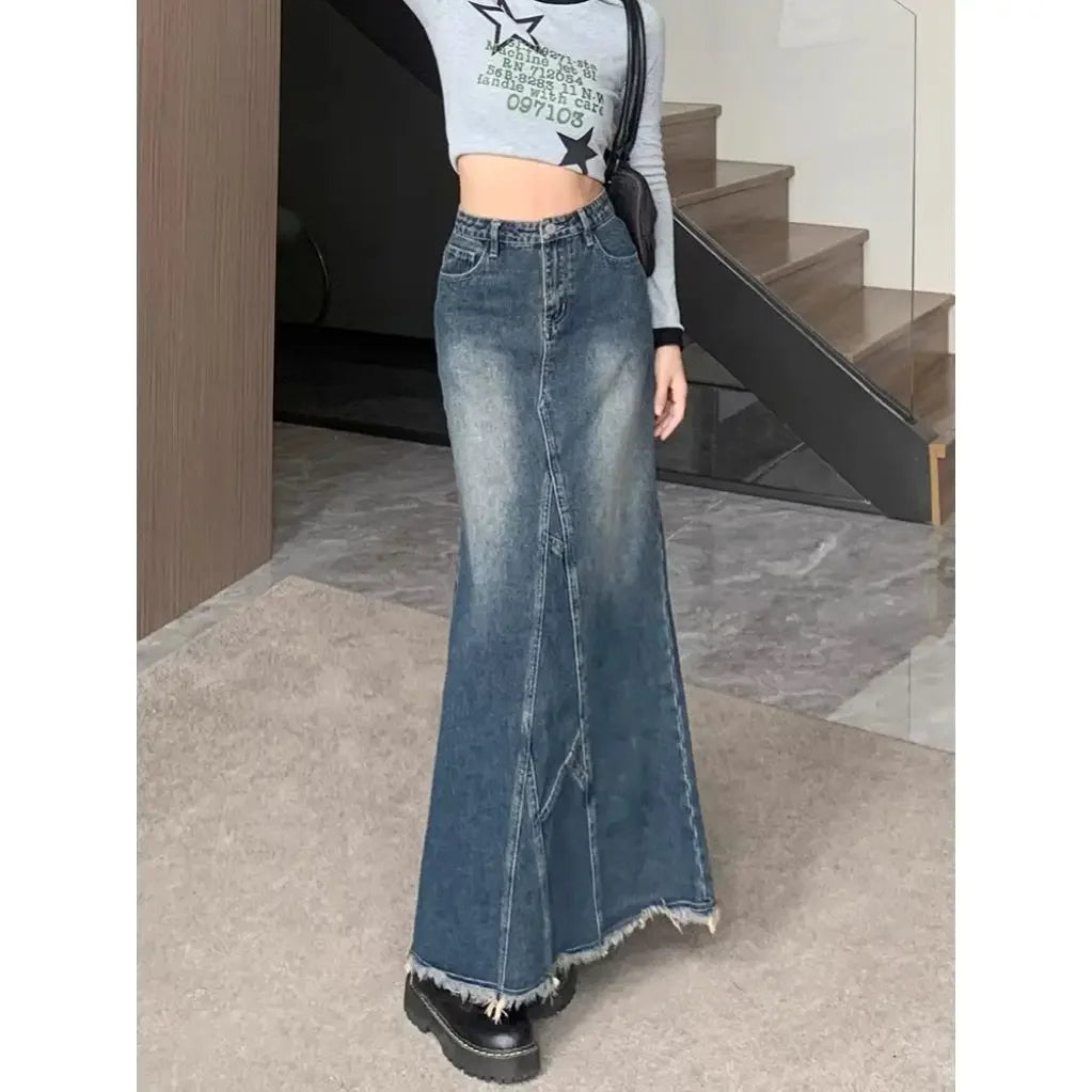 Washed Long Denim Maxi Skirt with Raw Raw-Hem & Patchwork Stitching