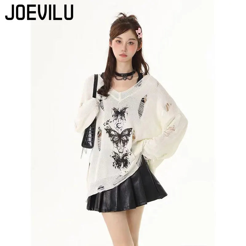 Graffiti Butterfly Hollow-Out Knit Top