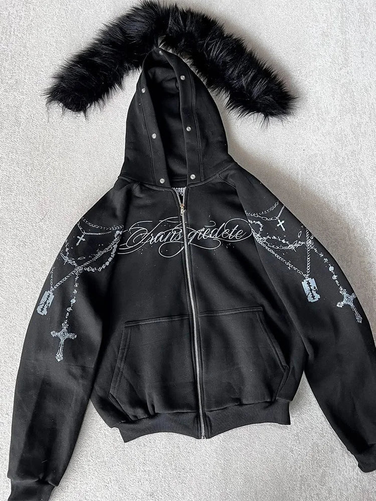 Faux Fur Hooded Jacket With Cross Print