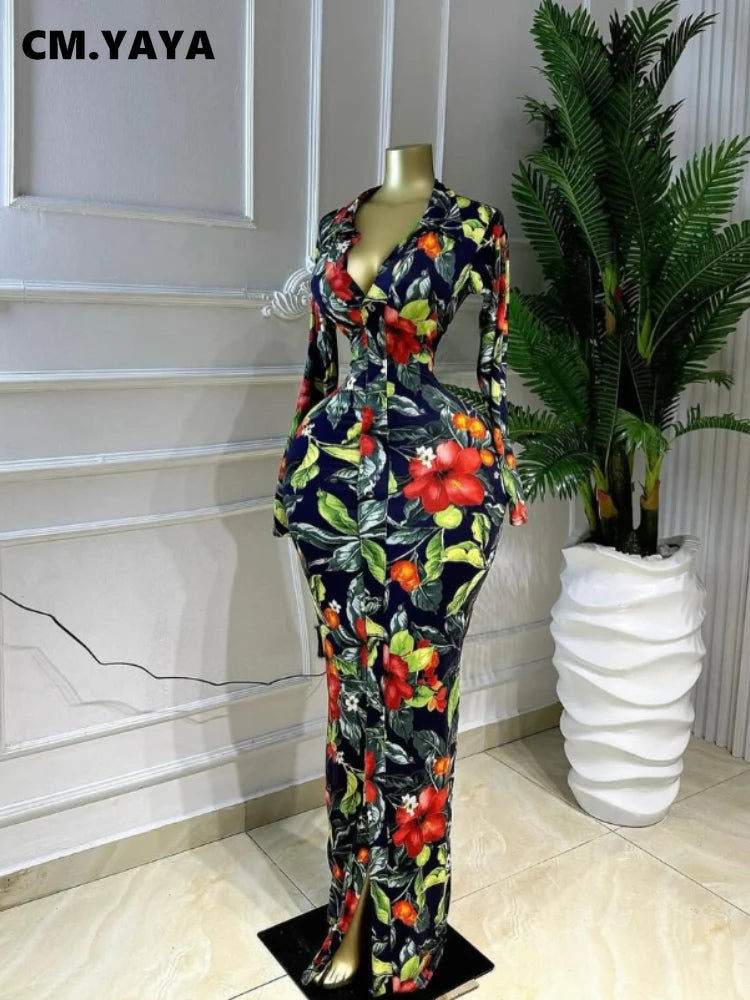 CM.YAYA Full Sleeve Floral Print Bodycon Long Dress