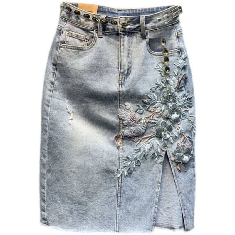 Floral Embroidered Denim Skirt