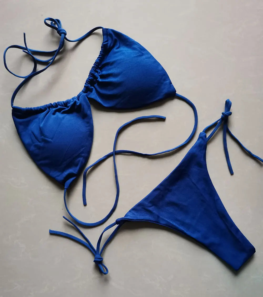Solid Color Ruched String Bikini