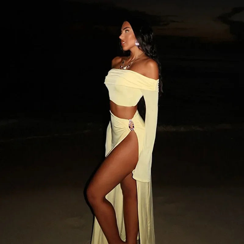 Off-the-Shoulder Long Sleeve Top & High-Slit Maxi Skirt Set