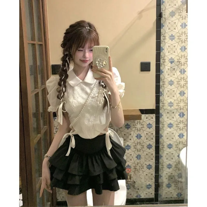 Lace Up Top Cake Skirt Two-piece Set