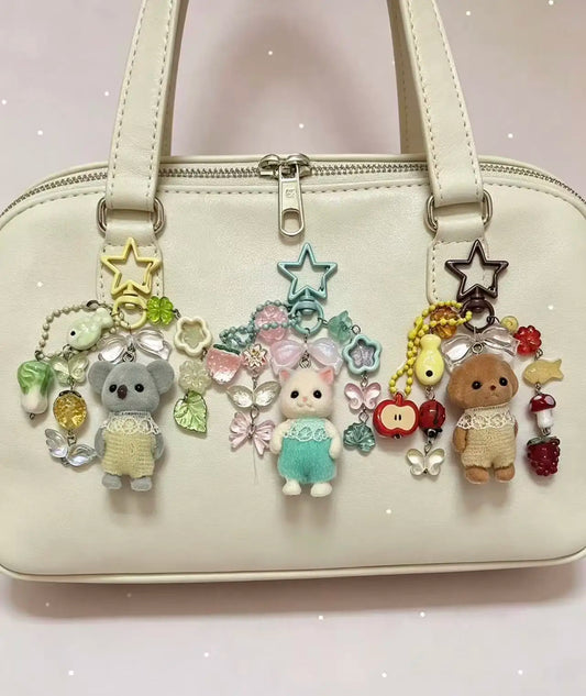 ˋ°•⁀ Super cute caramel cat flocked plush toy, Animal Family bag charms  keychain