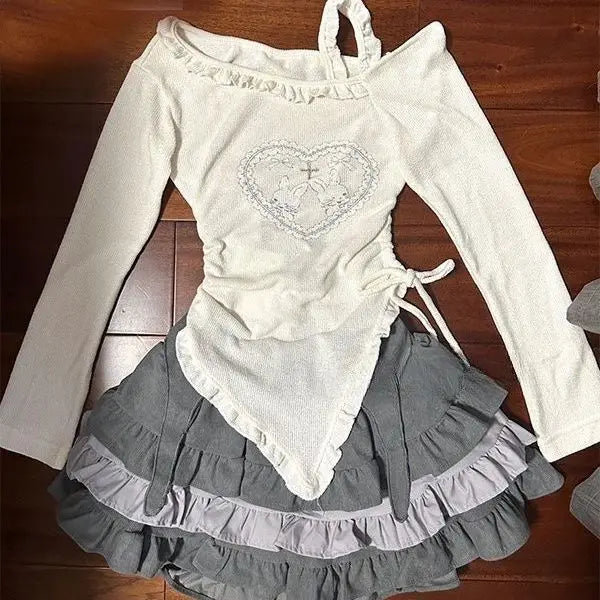 Irregular Bandage Sweet Ruffle T-Shirt + Patchwork Mini Cake Skirt