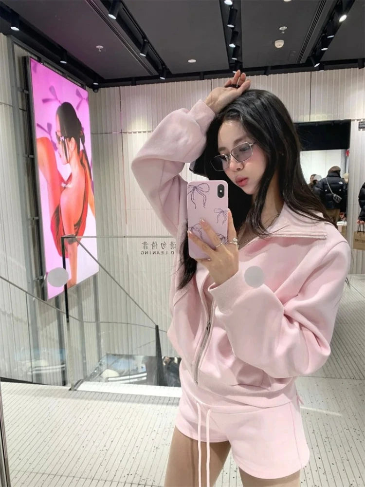 Zipper Hoodie Jacket + High Waist Straight Shorts Set