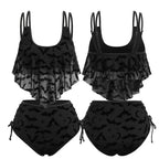 Gothic Moon Star Bat Flocking Peplum Hem Lace Up Swimsuit Set