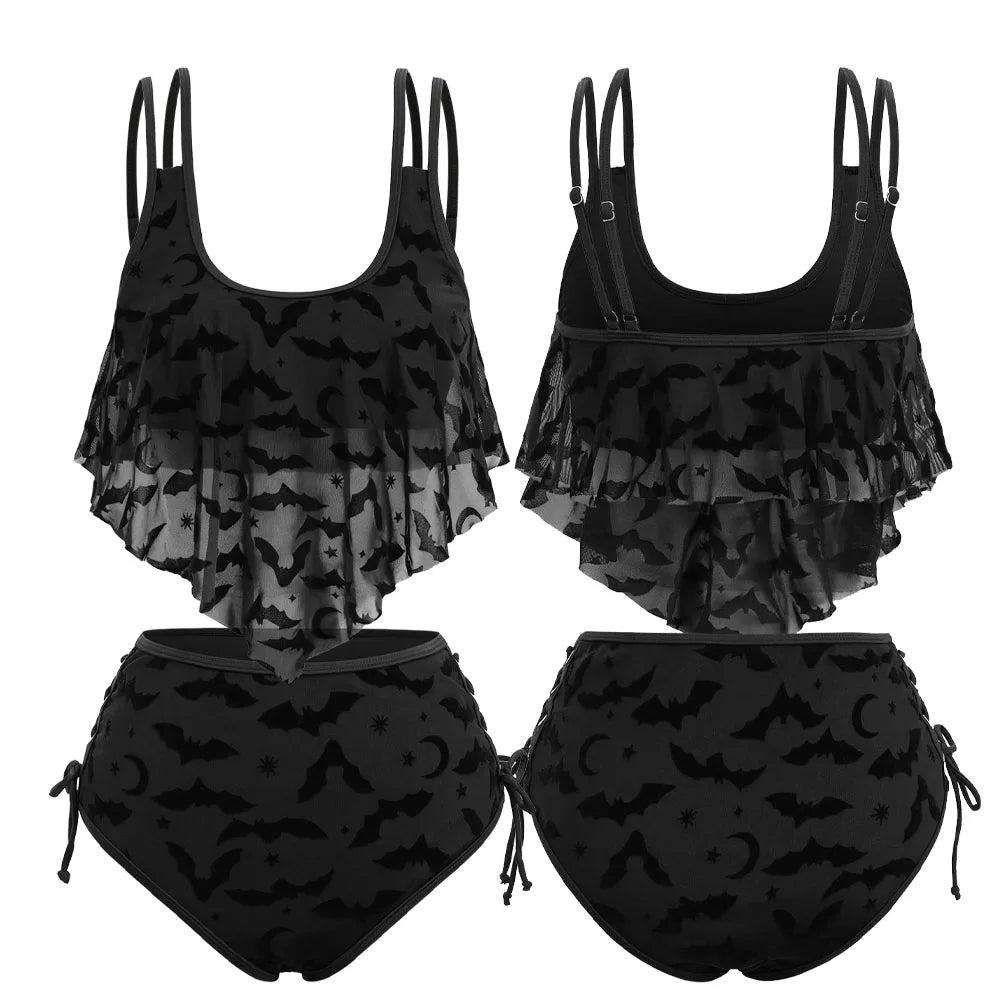 Gothic Moon Star Bat Flocking Peplum Hem Lace Up Swimsuit Set