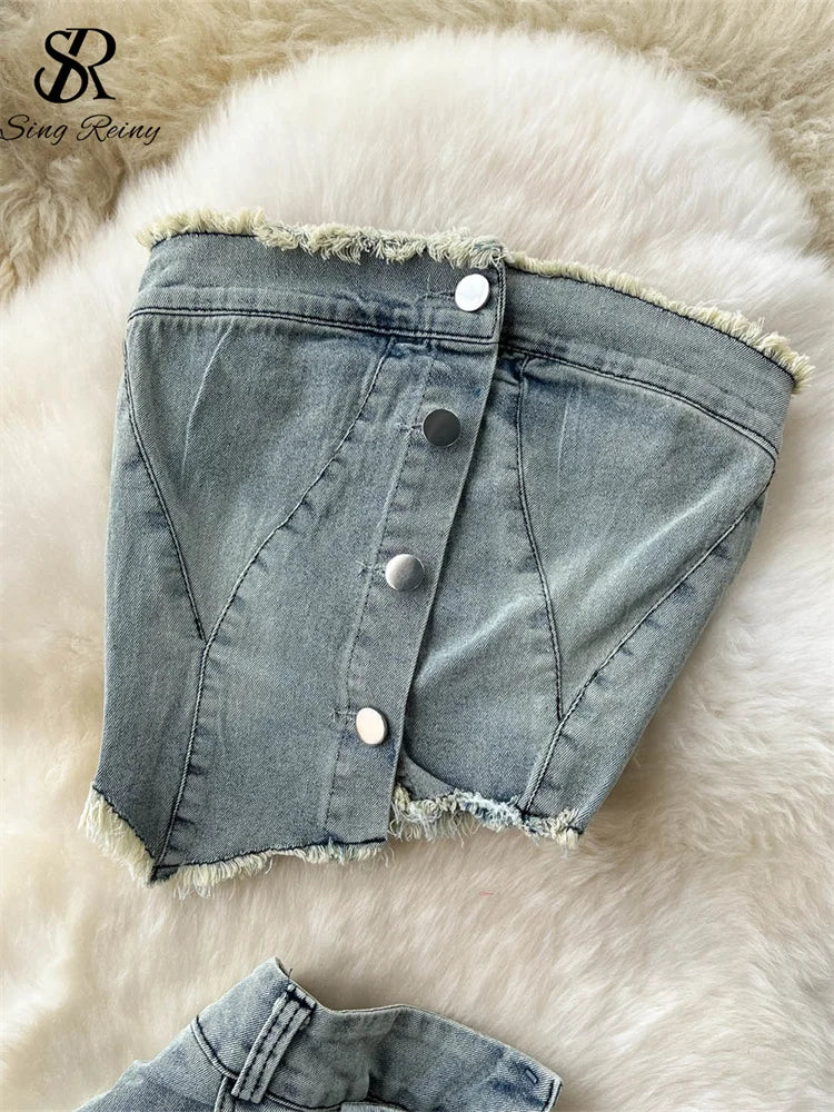 SINGREINY Irregular Denim Strapless Button Ruched Top + High Waist Pocket Split Skirt Set