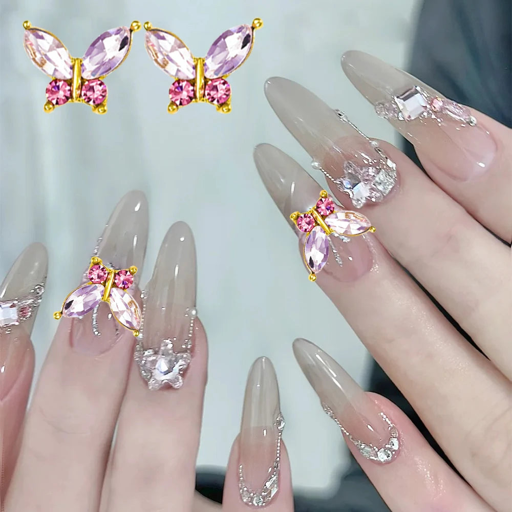 10Pcs Fairy Pink Zircon Nail Art 3D Charms Jewelry Butterfly Shaped Nail Crystal Alloy Decals 11*9mm Rhinestone Nail Decoration*