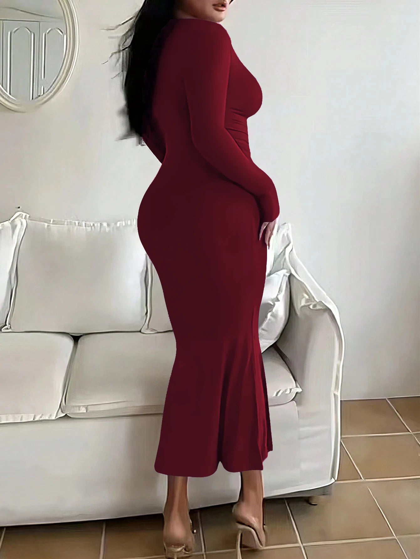 プラスサイズ レディース スクエアネック長袖 ロング スリム フィット イブニングドレス